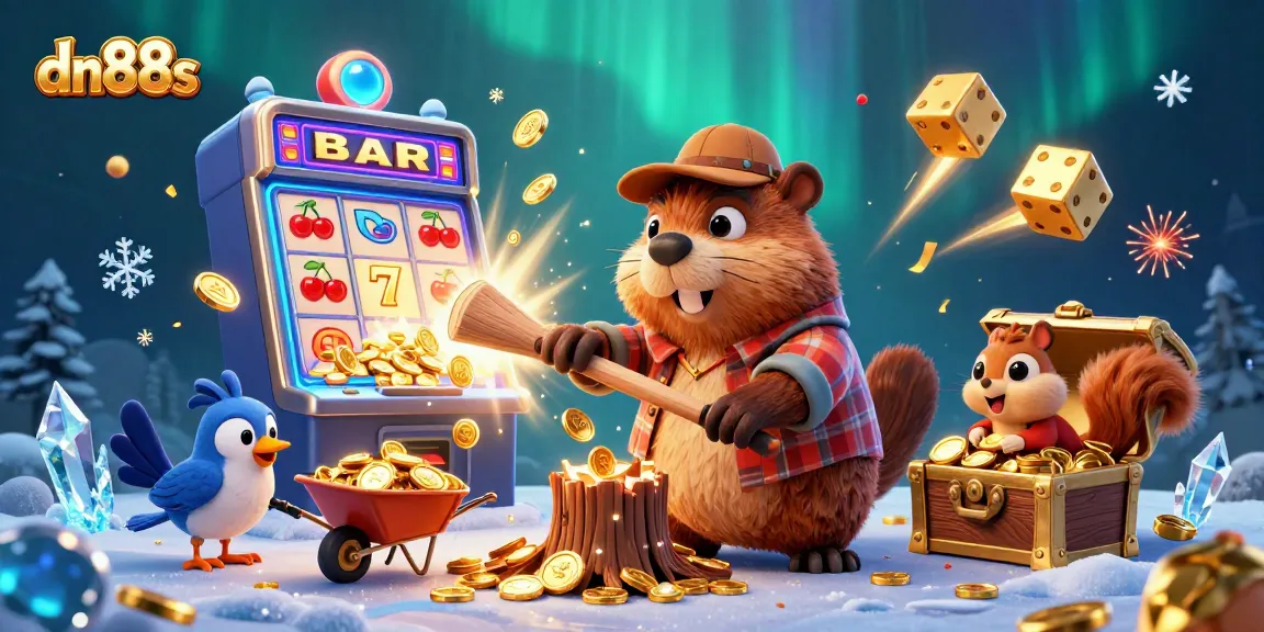 dn88s showcases a cartoon beaver winning coins in a vibrant casino scene, celebrating exciting jackpots.
