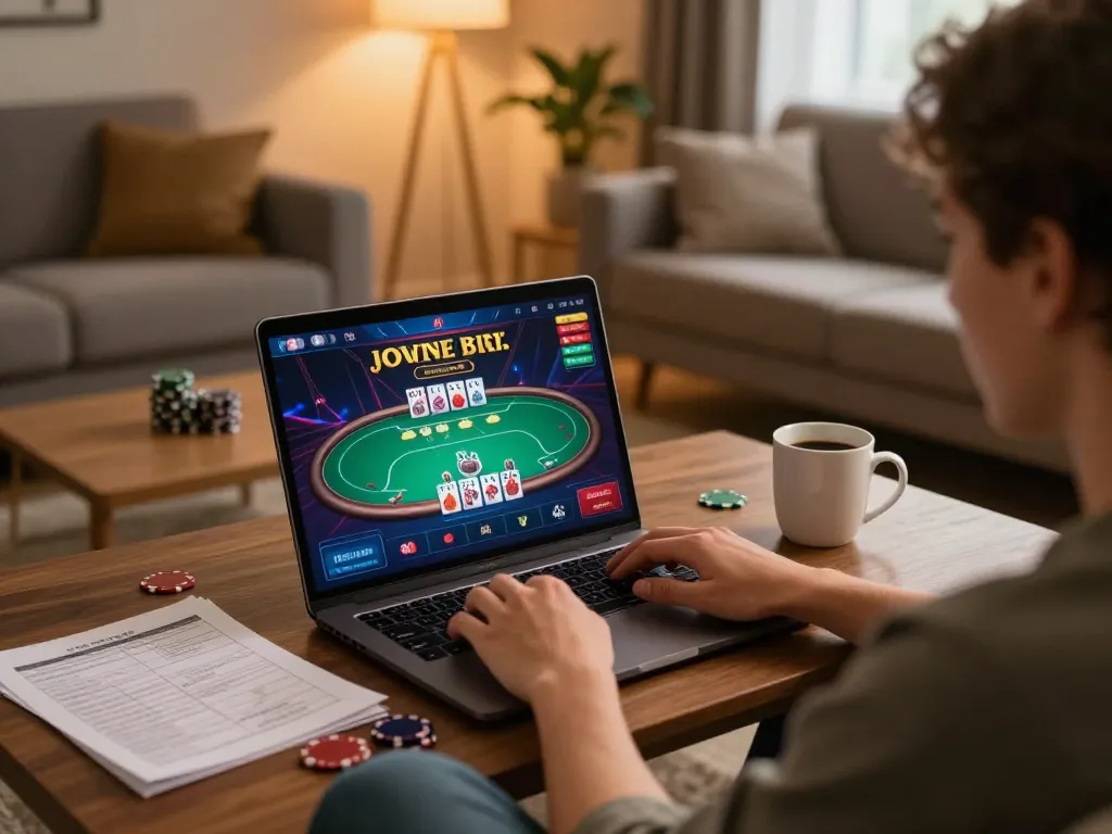 PHPVIP player enjoying an engaging online poker game at home, showcasing a cozy and strategic gaming environment.