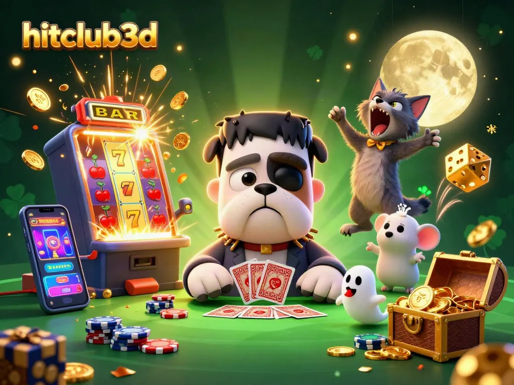 Join the action at hitclub3d as Frankenstein bulldog deals cards amidst swirling coins and exciting casino games.