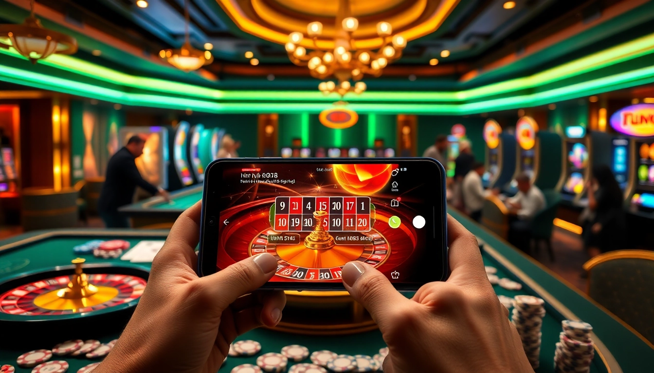 Exciting virtual gambling scene with nk88 app displayed on a smartphone, featuring slot machines and poker chips.