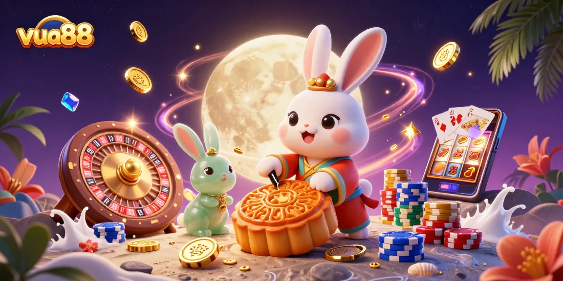 Experience the vibrancy of vua88 as the moon rabbit reveals hidden poker chips amidst the casino magic.