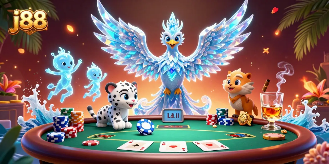 Experience thrilling gameplay with j88 at a vibrant poker scene featuring an ice phoenix and poker elements.
