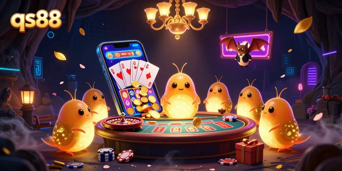 Engage in the exciting casino world of qs88 with vibrant glowworms lighting up a cave casino.