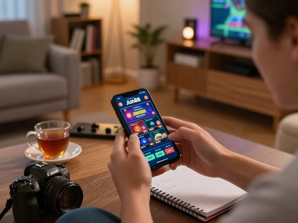 Engaging with the Jun88 casino app, hands holding smartphone in cozy home setting.