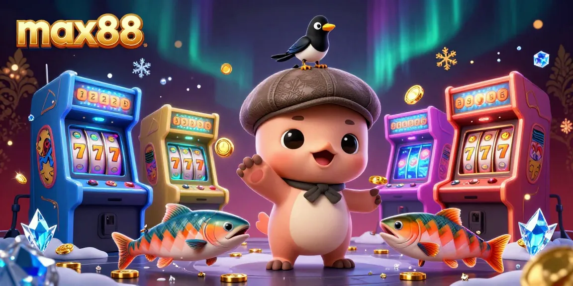 Engage with max88's vibrant 3D casino-themed illustration featuring playful characters and dynamic game elements.