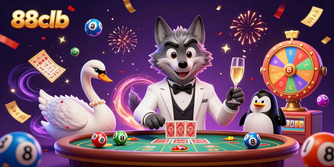 Experience the thrills at 88clb's baccarat table with a charming wolf, elegant swan, and sophisticated penguin pouring champagne.
