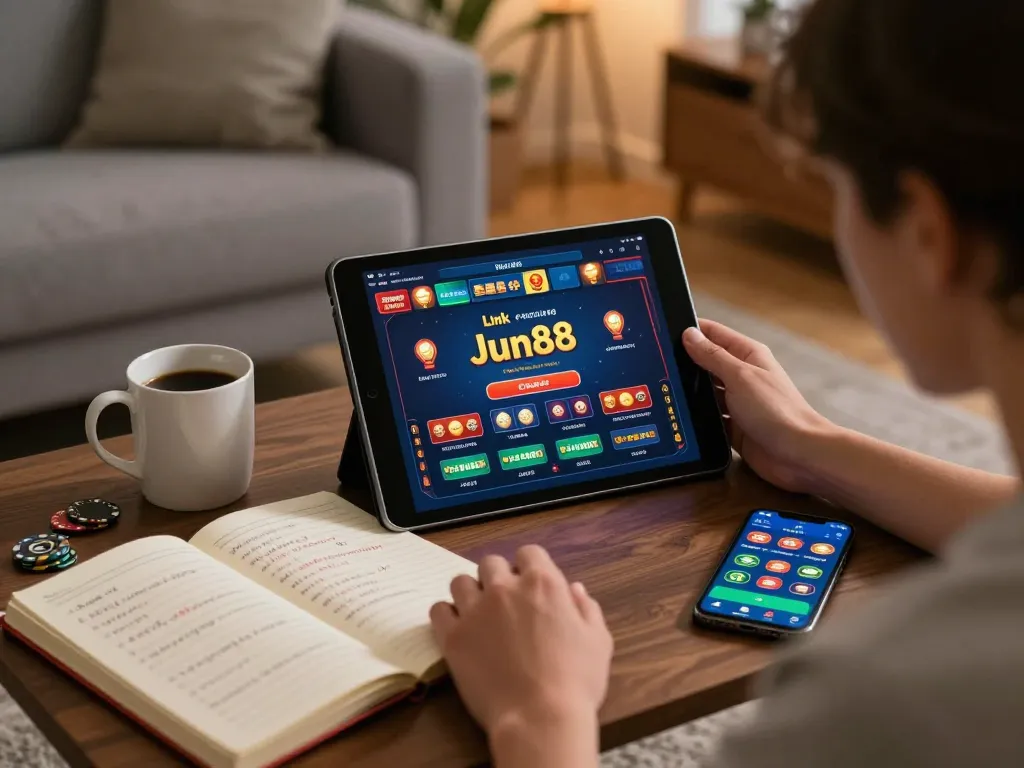 Engaging with Link Jun88 on a tablet in a cozy home setting, showcasing responsible gaming.