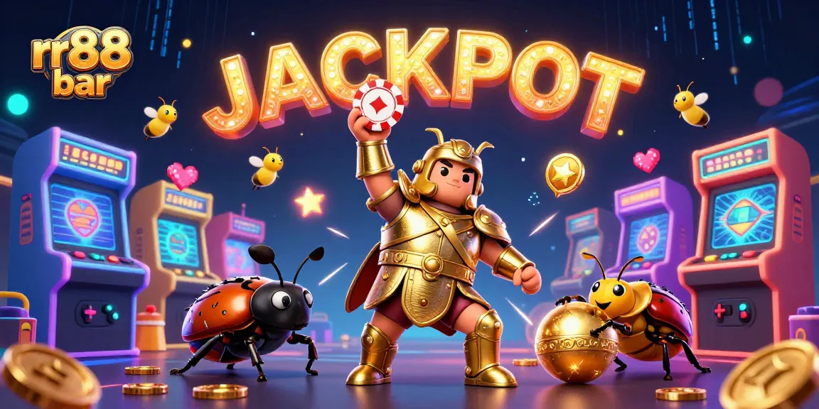 Experience thrilling wins at rr88 bar with a vibrant 3D casino scene showcasing a beetle hero lifting a poker chip.