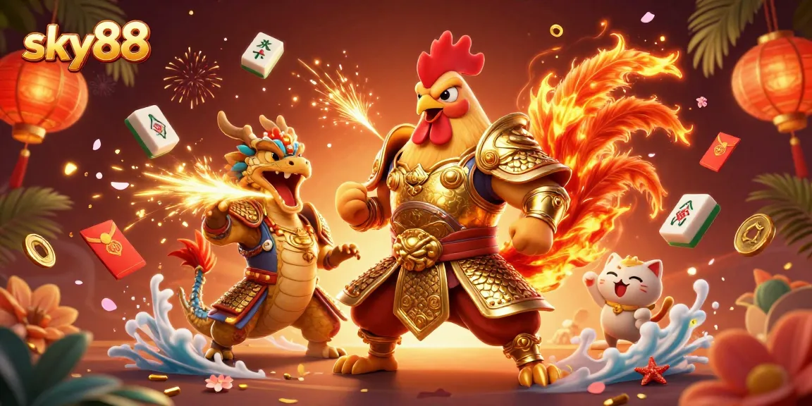 Join the excitement at sky88 with a powerful rooster warrior and dragon engaging in epic casino adventures.