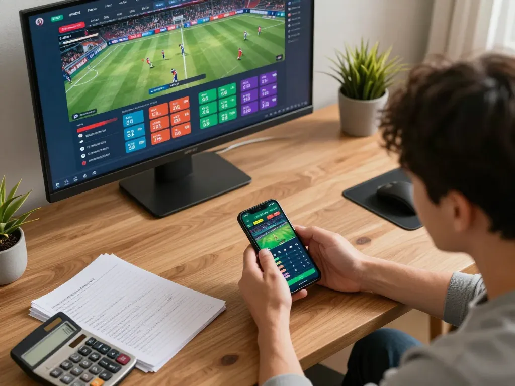 Placing bets with Link đăng ký Vin88 while using a smartphone in a cozy home setting.