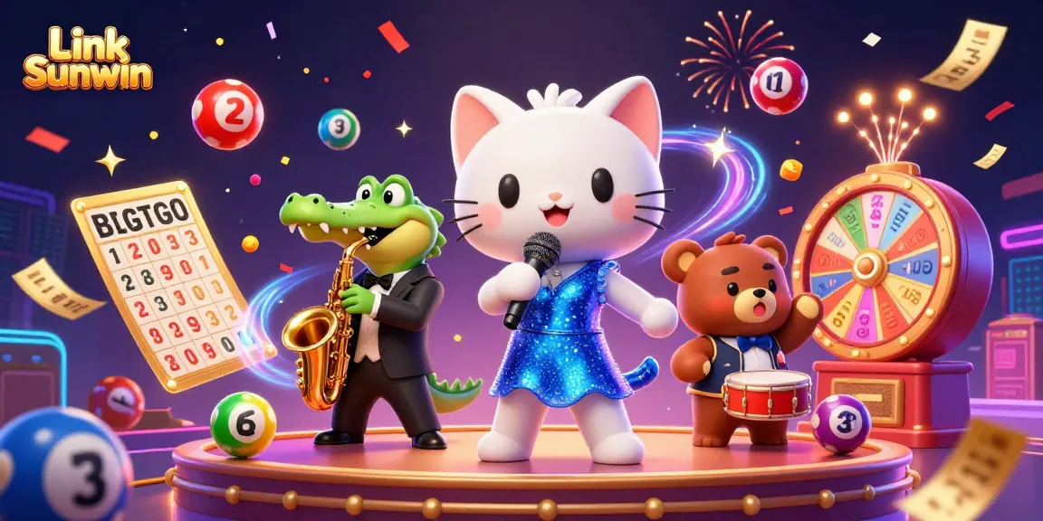 Experience excitement with Link Sunwin as colorful lottery balls, and golden tickets celebrate a dynamic casino scene.