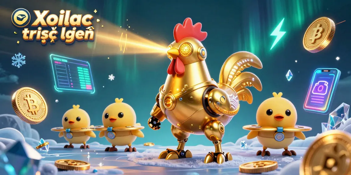 Xoilac trực tuyến features a golden rooster robot surrounded by crypto elements in this vibrant casino illustration.