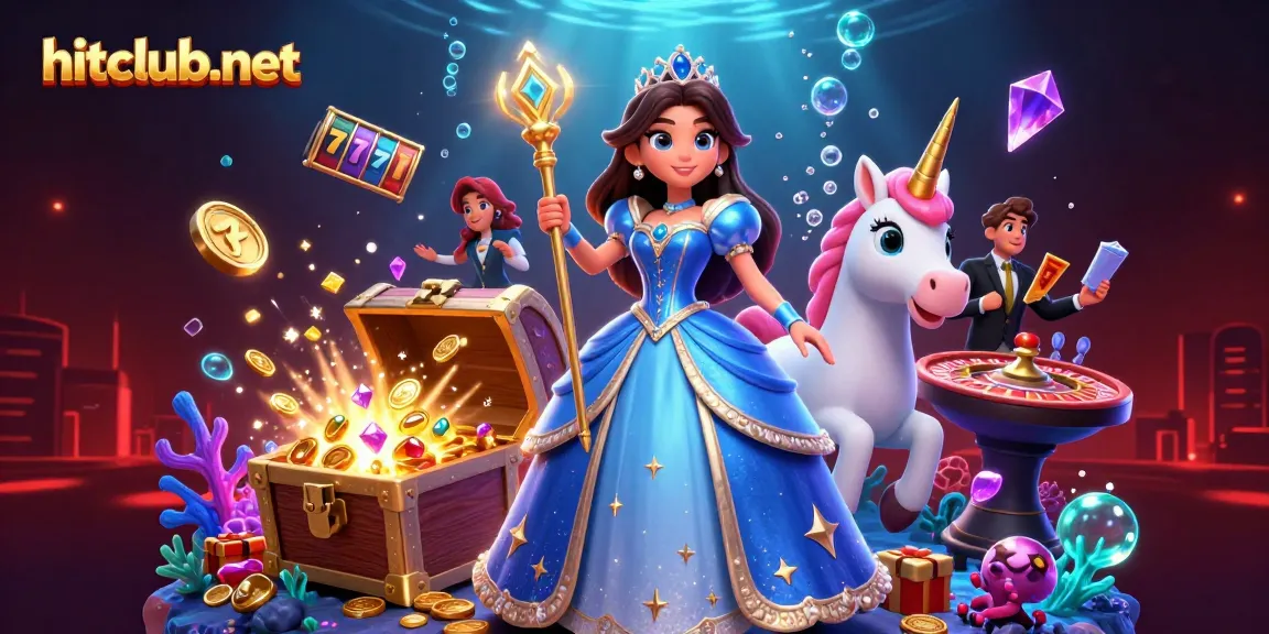 Engage with hitclub-net's vibrant casino universe featuring a captivating 3D woman and unicorn.