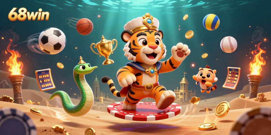 Experience thrilling gameplay with 68win featuring a vibrant casino scene with dynamic sports elements and rich colors.