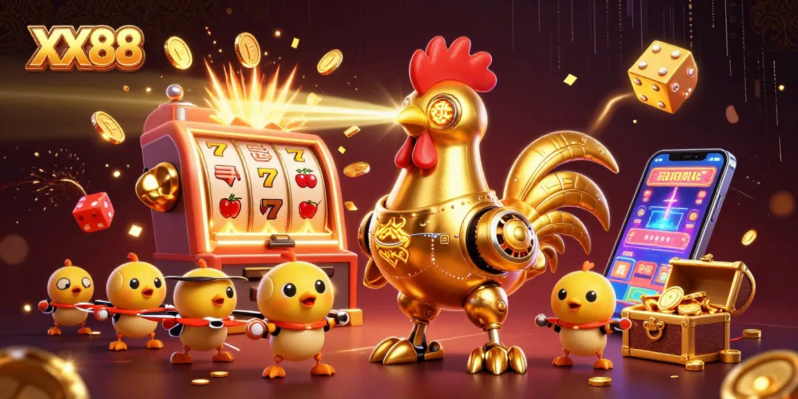 Experience thrilling games with XX88's vibrant 3D casino illustration featuring golden rooster and slot machine.
