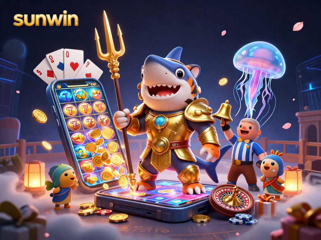 Engage in thrilling gameplay with sunwin, showcasing a tiger shark in gladiator armor surrounded by slot games and casino elements.