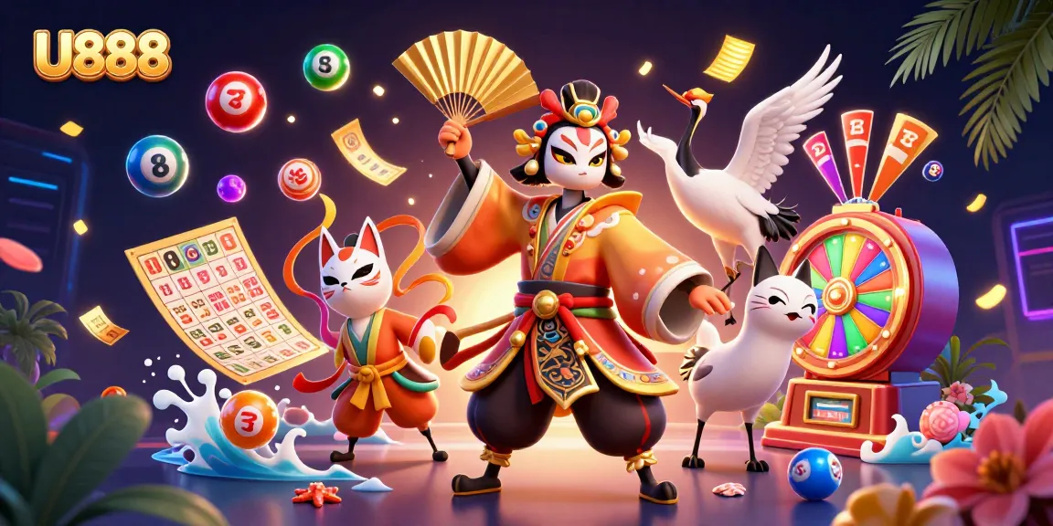 Experience the excitement of U888 with vibrant lottery balls and a dynamic kabuki warrior scene.