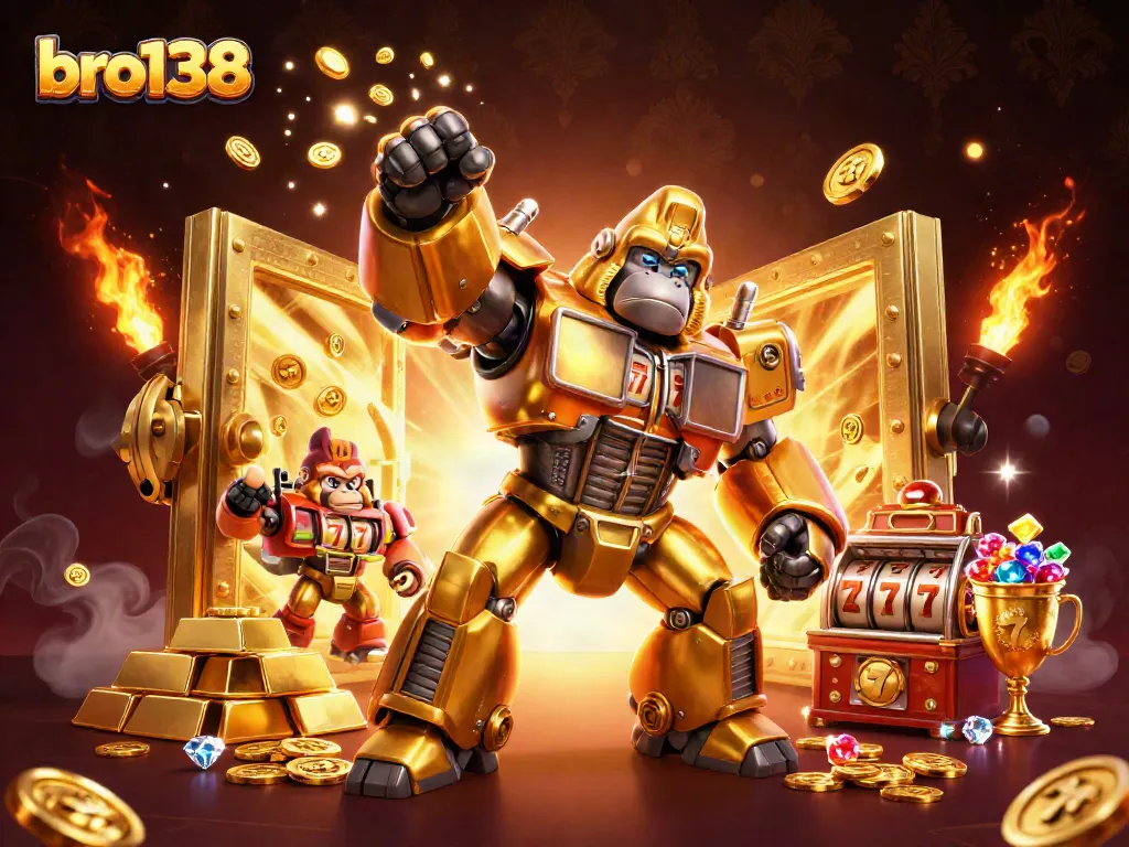 Engage in thrilling play at bro138 with a dynamic 3D illustration of a golden gorilla mech and slot machines.