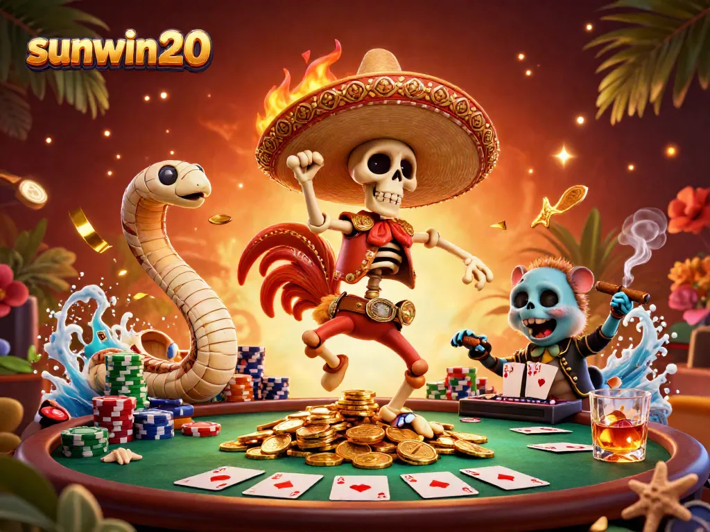 Experience the thrill of sunwin20 gaming with a vibrant 3D illustration of casino life.