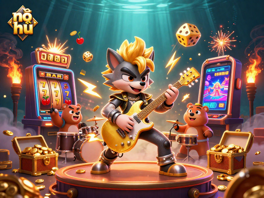 Experience the thrill of nổ hũ with energetic characters and dynamic casino elements, including jackpots and slot machines.