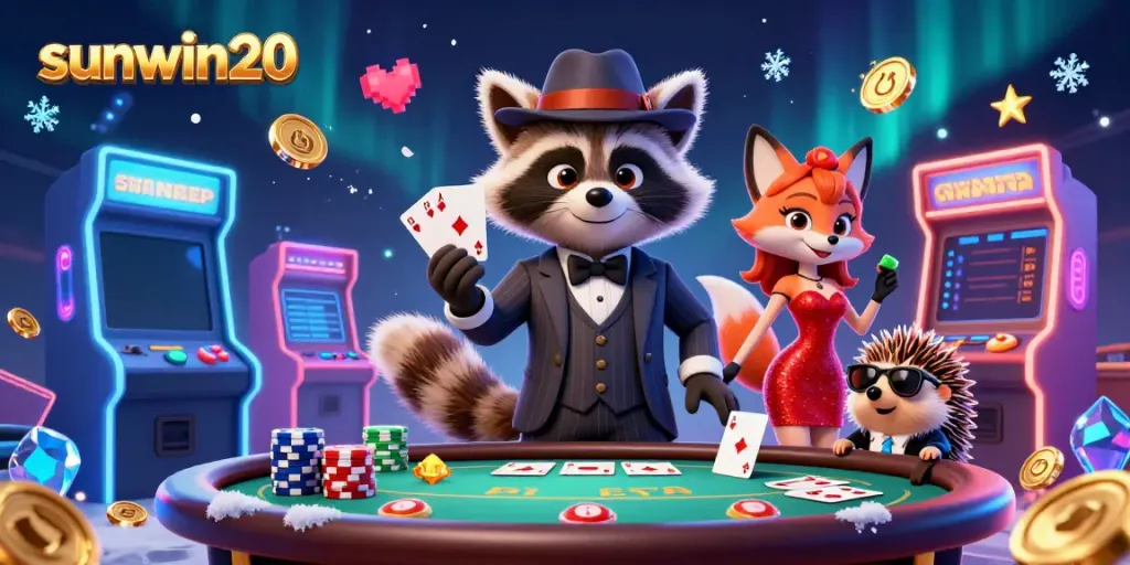 Experience the excitement of sunwin20 with a 3D illustrated casino scene featuring dynamic game elements and characters.