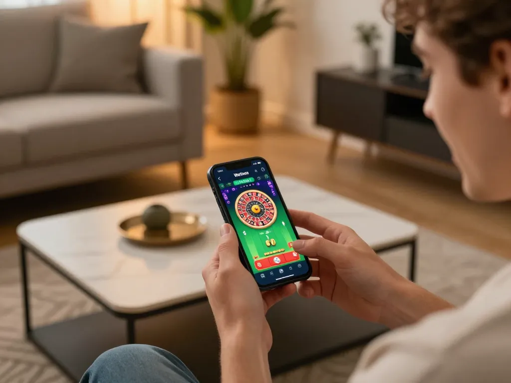 Boeiende momenten van een speler die de Wettson App gebruikt voor online roulette in een gezellige woonkamer.