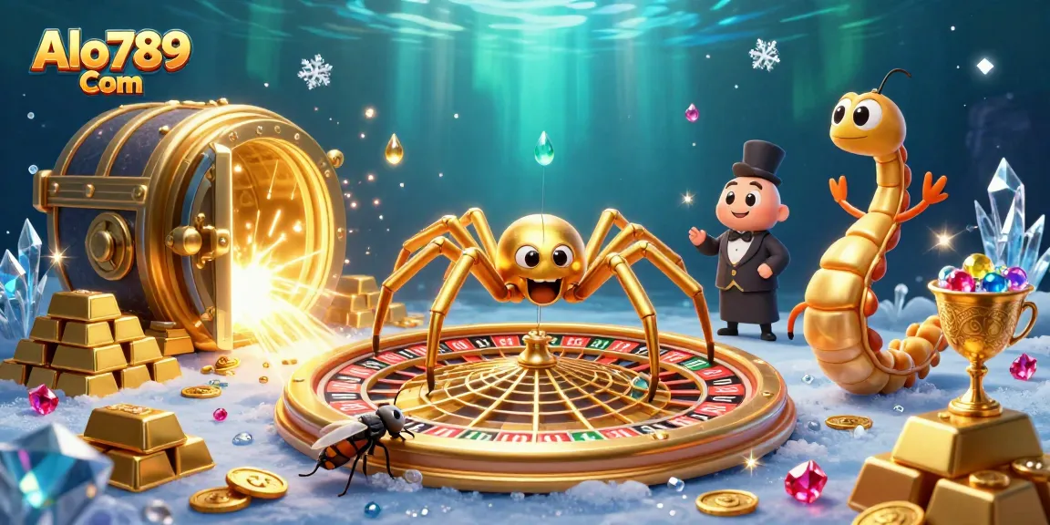 Bet at Alo789 Com as a nervous fly joins a golden spider roulette action scene.