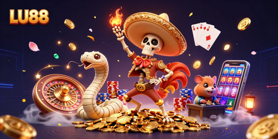 LU88 festive scene featuring a mariachi rooster, mummy snake, and DJ hamster celebrating with casino elements
