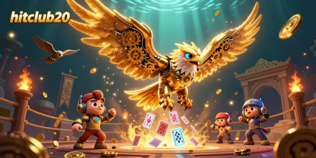 Engage in exciting gameplay at hitclub20 with a vibrant 3D illustration showcasing a golden eagle soaring amidst dynamic casino elements.