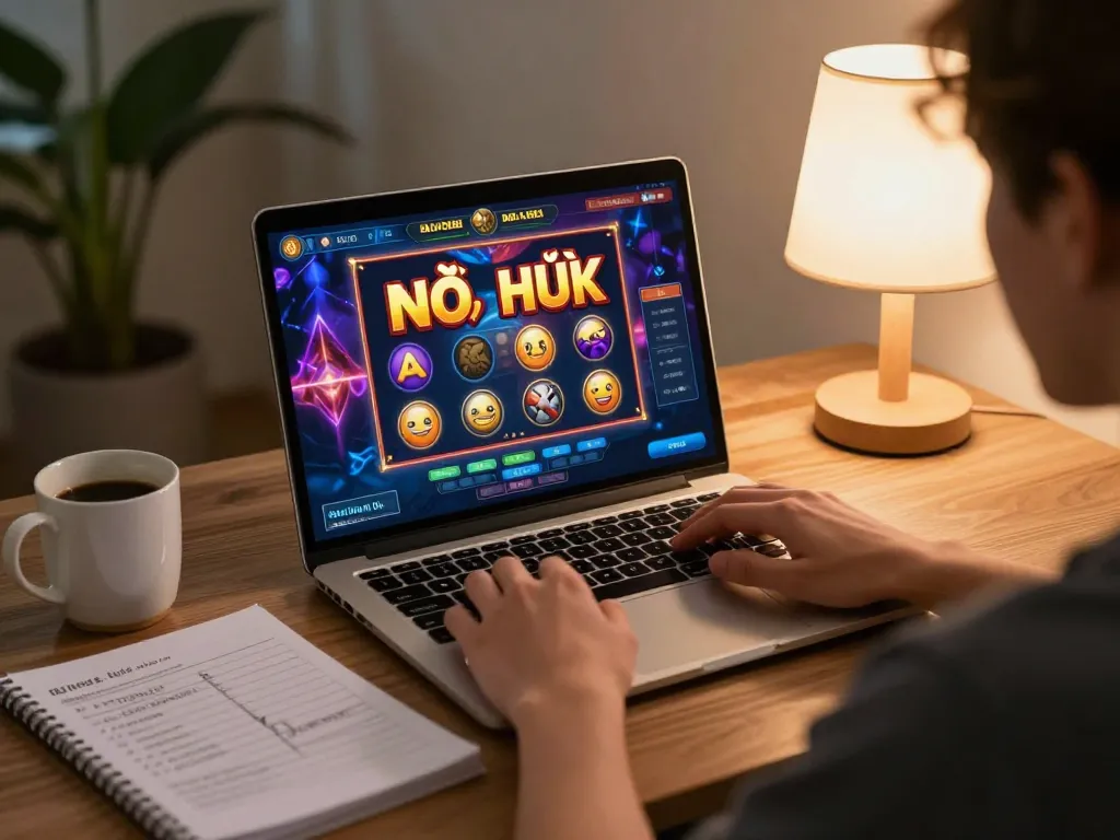 Nổ hũ gameplay on a laptop with strategic notes and a cozy home setting