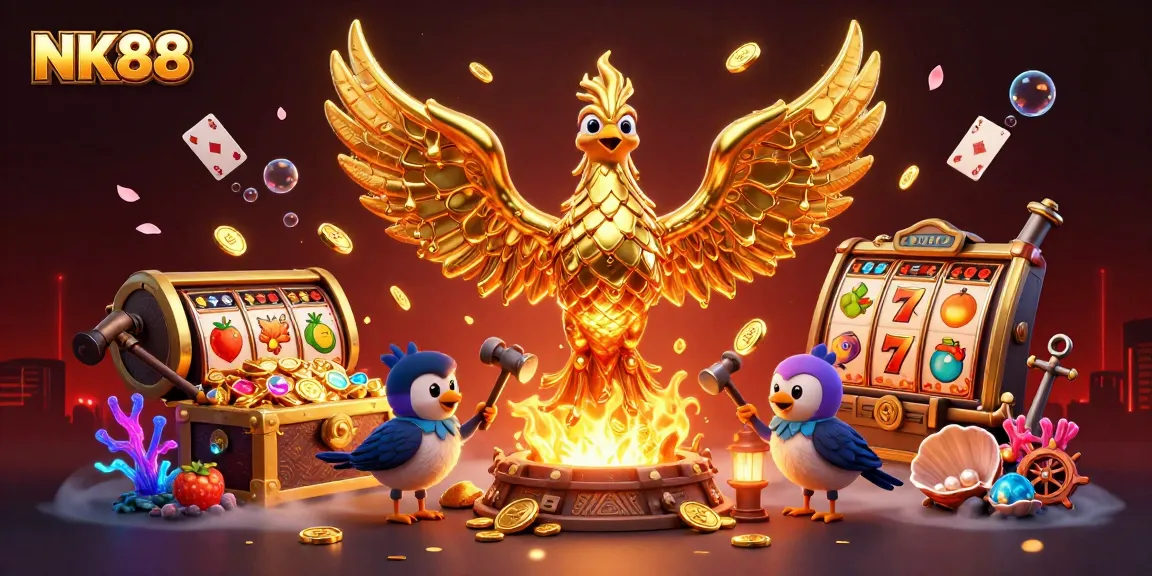 Experience thrilling gameplay at NK88 with vibrant 3D visuals showcasing jackpot slots and golden treasures.