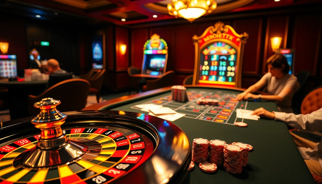 Experience thrilling gameplay at https://good888.it.com/ with a luxurious casino scene featuring roulette, poker, and slot machines.