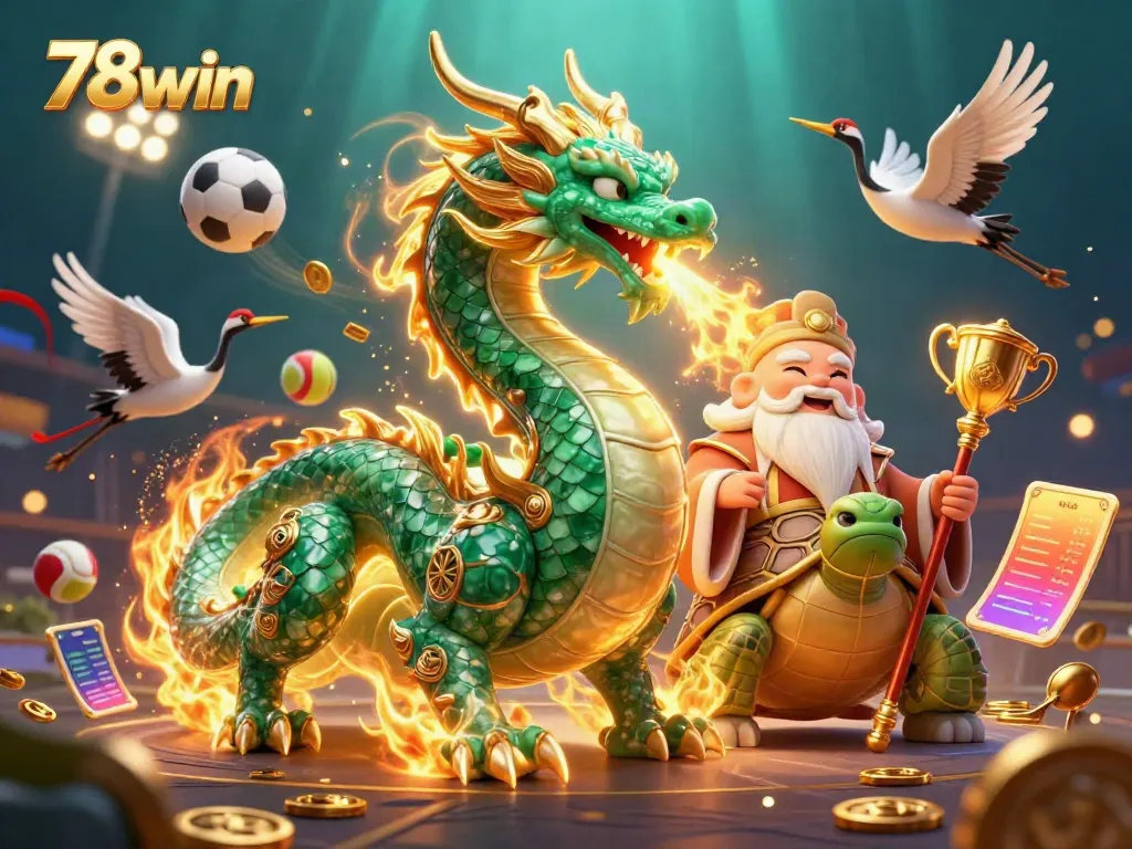Experience the thrill of 78win with a vibrant dragon and lucky cranes in action.