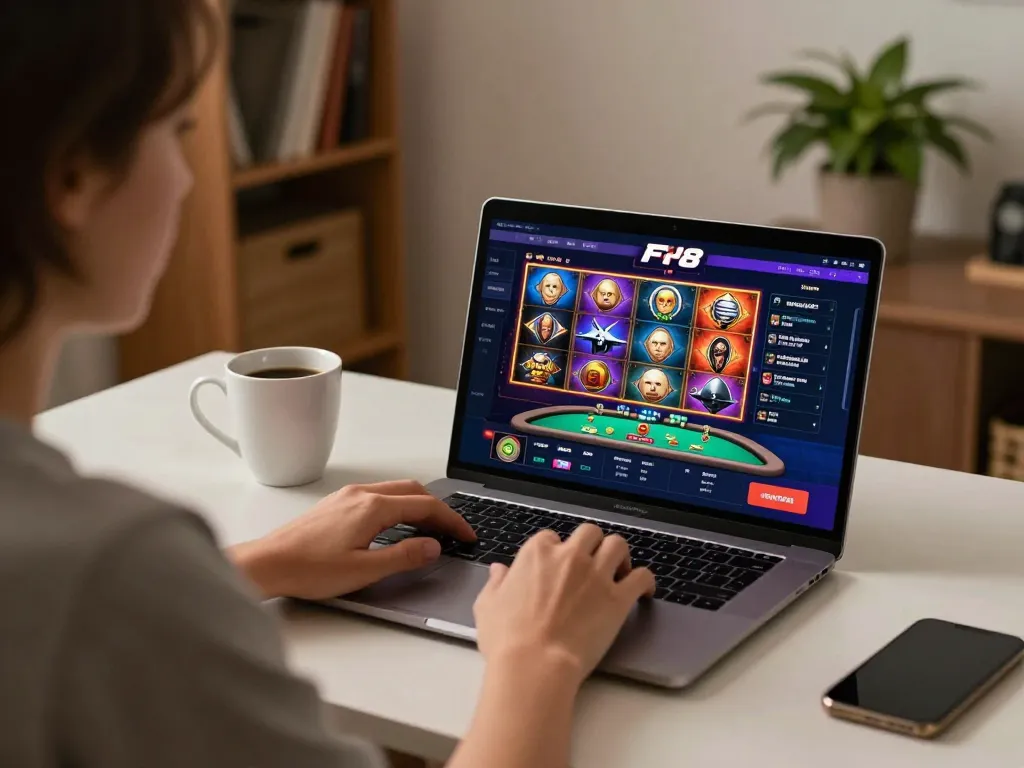 Engaging online gambling experience at F168 with hands poised over laptop showing colorful casino games