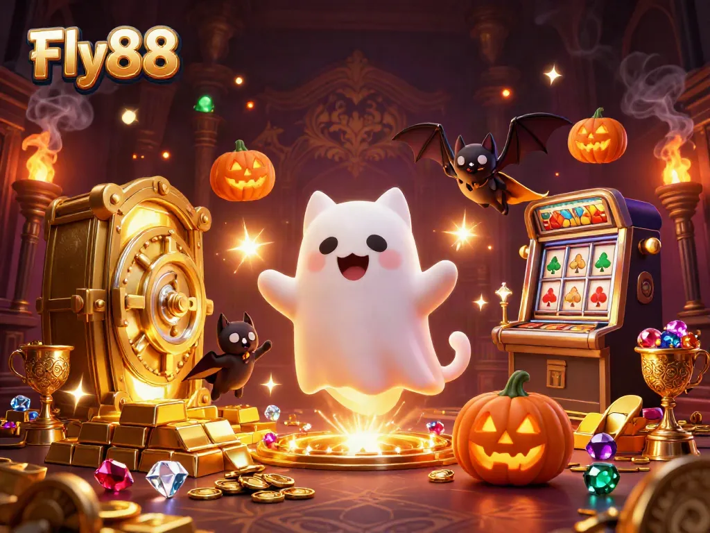 Fly88 showcases a ghost cat and bat in a lively casino, bursting with treasures and gaming elements.