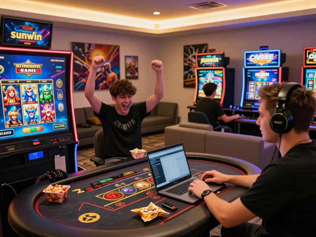 Engaged players enjoying the Sunwin online gaming platform, celebrating wins and strategizing.