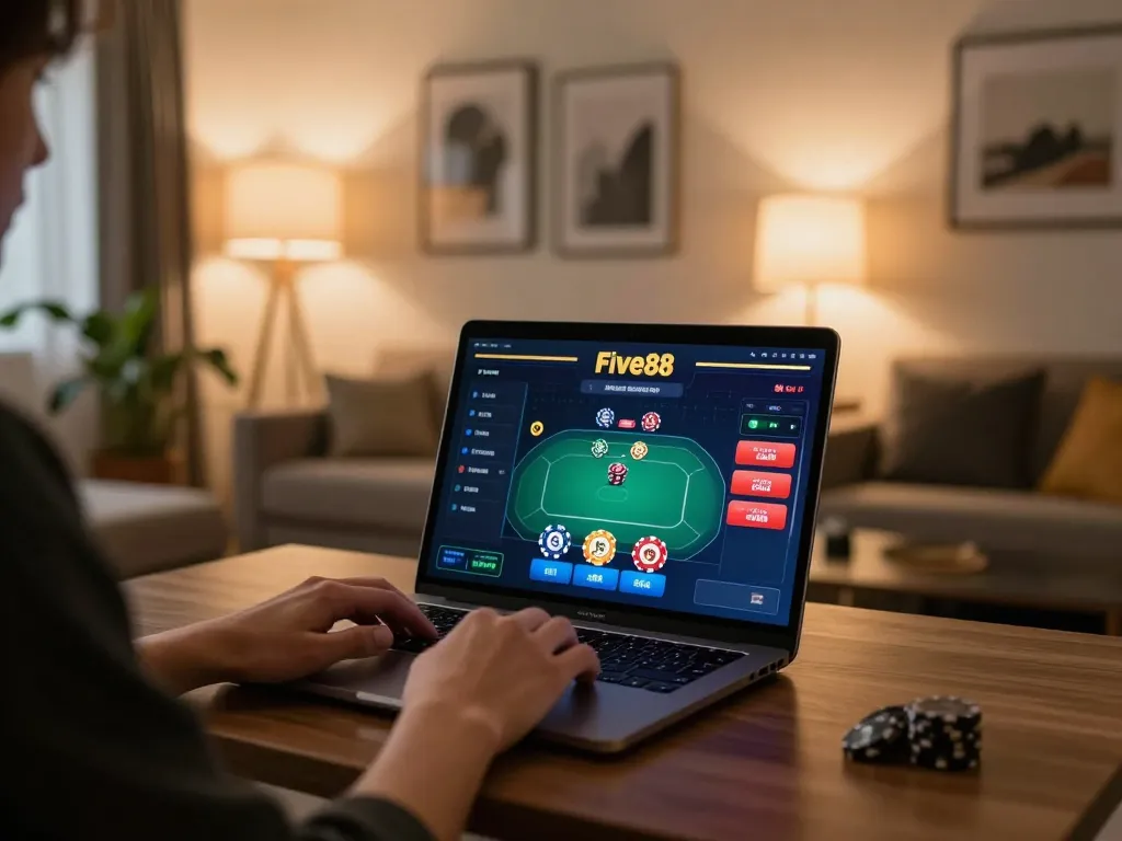 Engaging view of home gaming setup with laptop showing Five88 uy tín poker game, displaying responsible gambling.