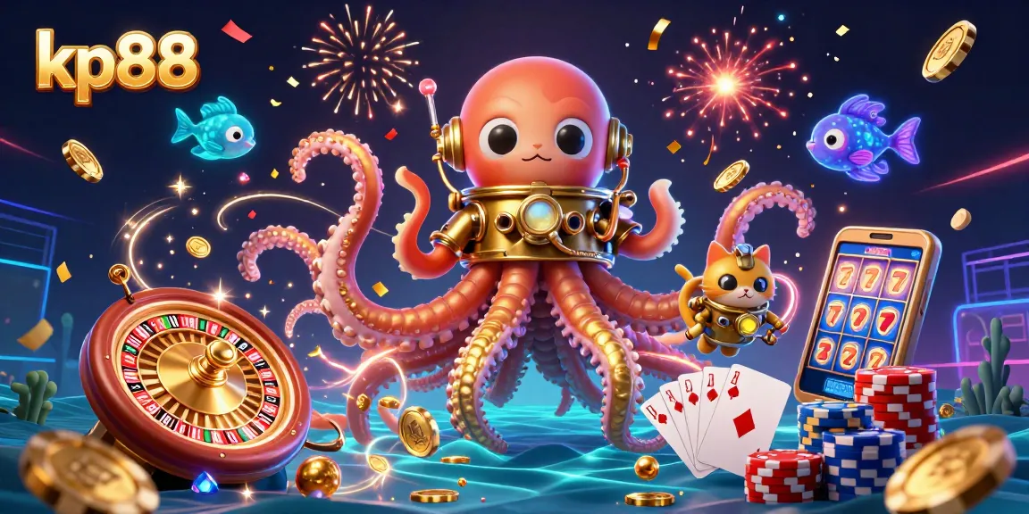 Experience kp88 excitement with a 3D cartoon kraken, diving cat, and casino elements.