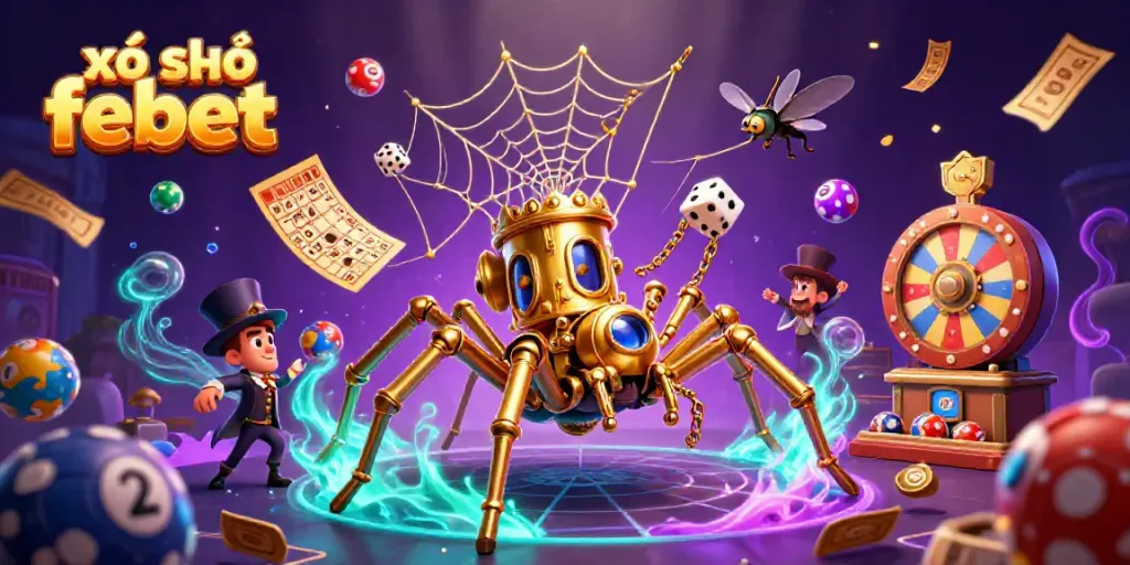 Engage in xổ số febet with colorful lottery balls and steampunk elements in a dynamic casino scene.