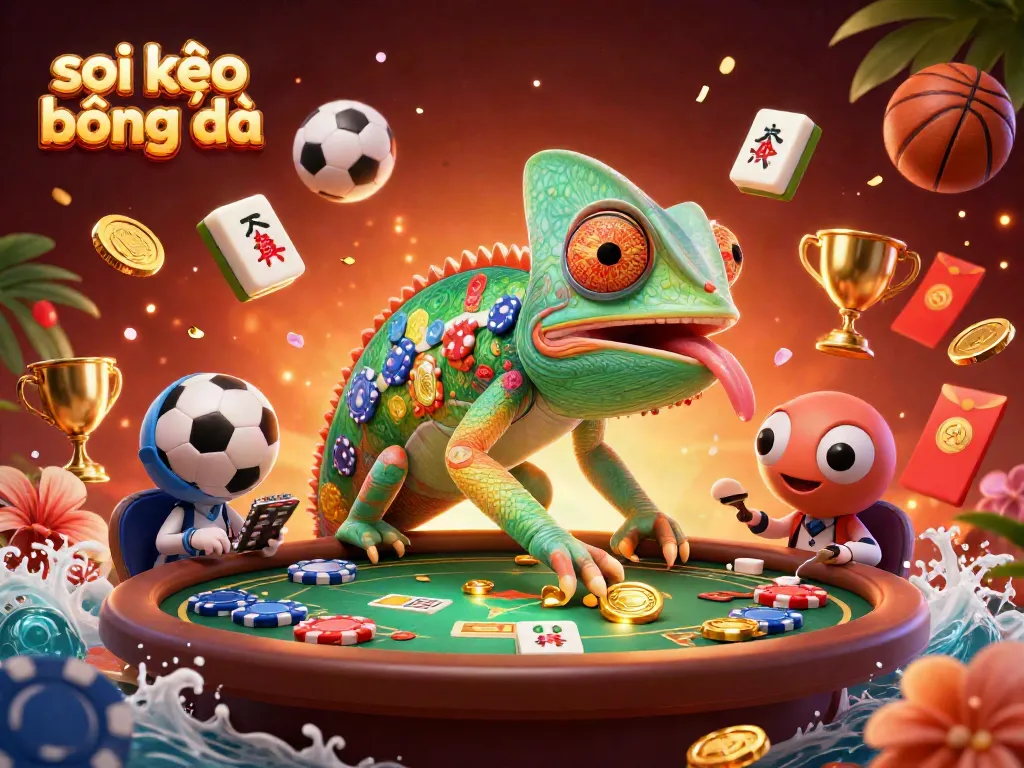 Soi kèo bóng đá with a giant chameleon casino owner, sports balls, and vibrant gaming elements in a dynamic scene.