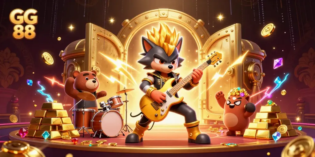 Experience GG 88 with a rock star wolf and drummer bear on a lively casino stage surrounded by treasures.