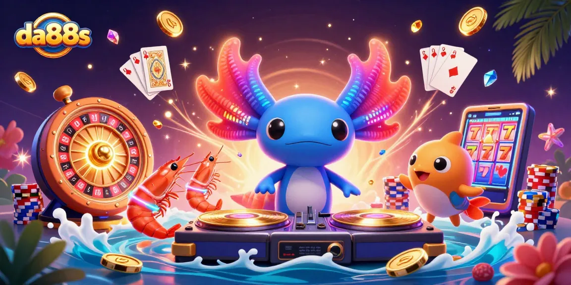 Engage in thrilling gameplay at da88s with a vibrant scene of neon axolotl DJ and lively casino elements.