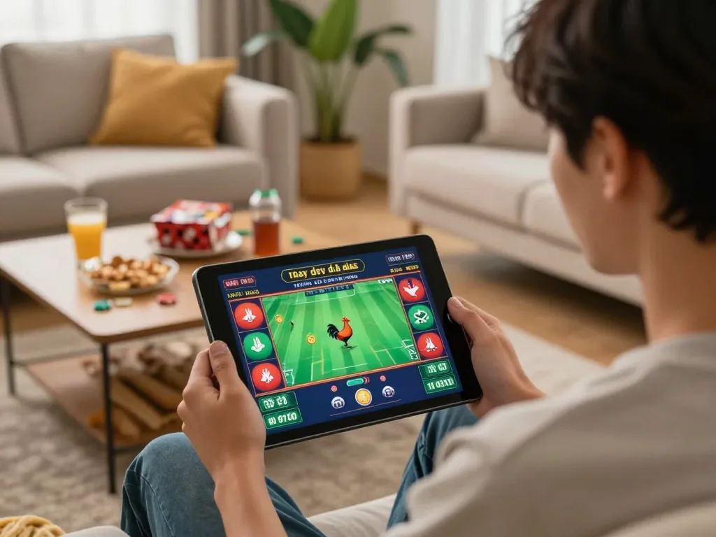 Engaging with trực tiếp đá gà on a tablet, highlighting the excitement of online gambling in a cozy home setting.