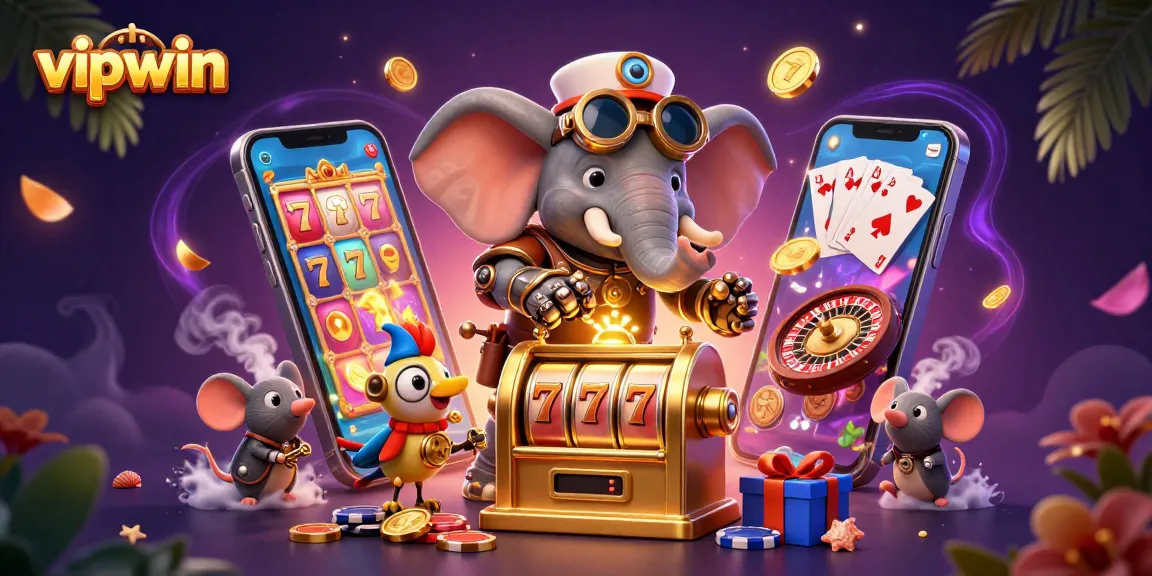 Spin to win at vipwin with a steampunk elephant and colorful casino elements in an engaging scene.