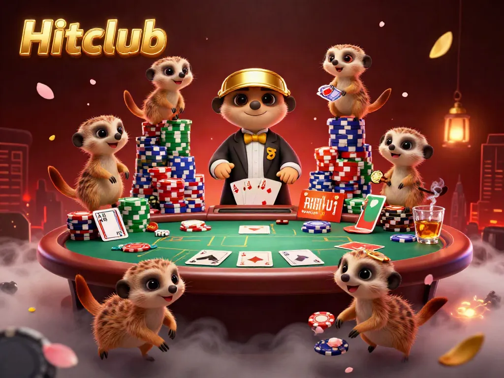Hitclub meerkats operating a vibrant casino environment with gaming elements and lively action.