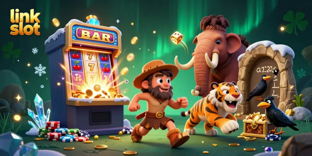 Experience the thrill of link slot with a cartoonish casino burst of winnings and vibrant characters.