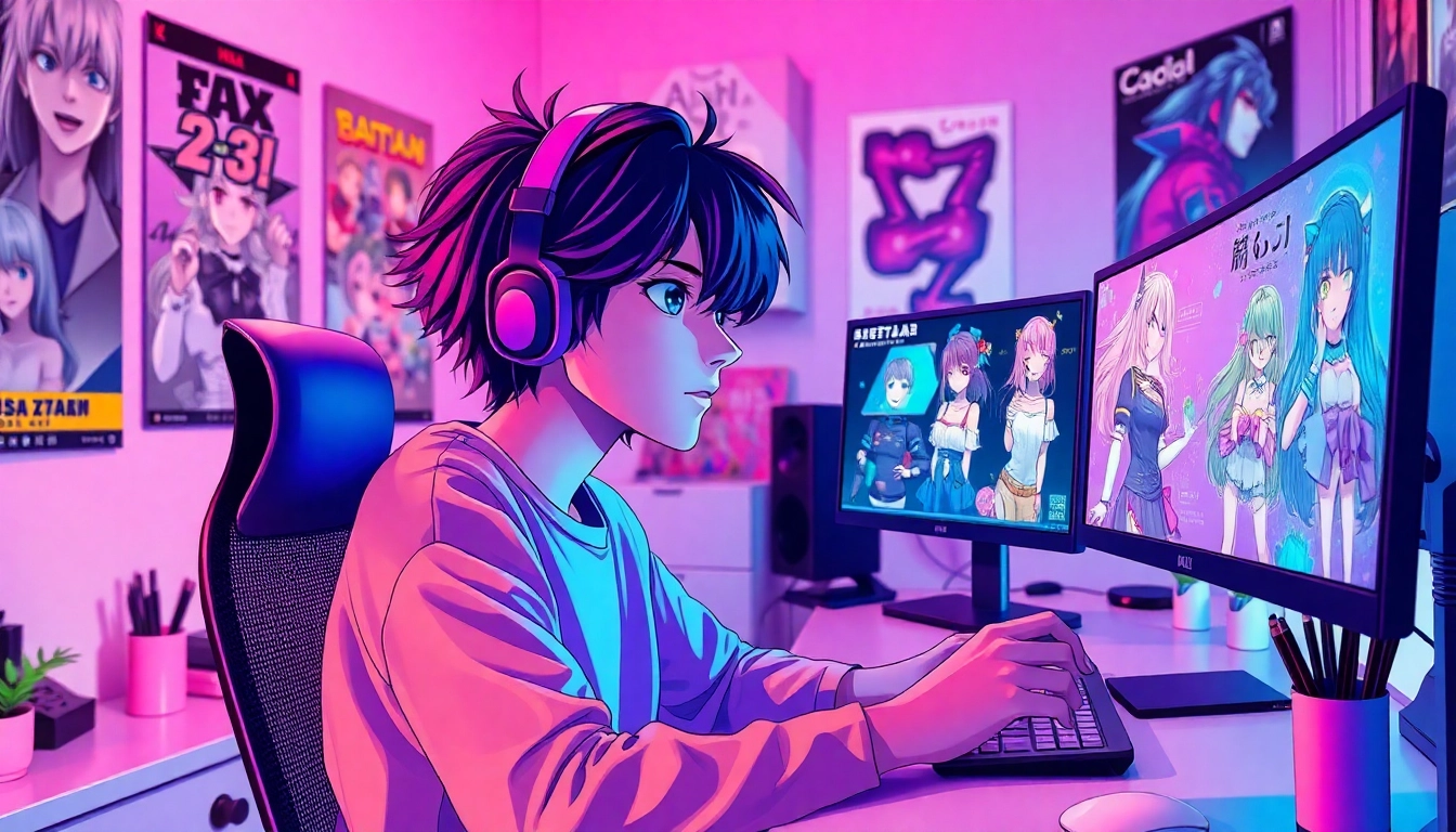 Engaging digital artist creating vibrant hentai AI chat character designs in a modern workspace.