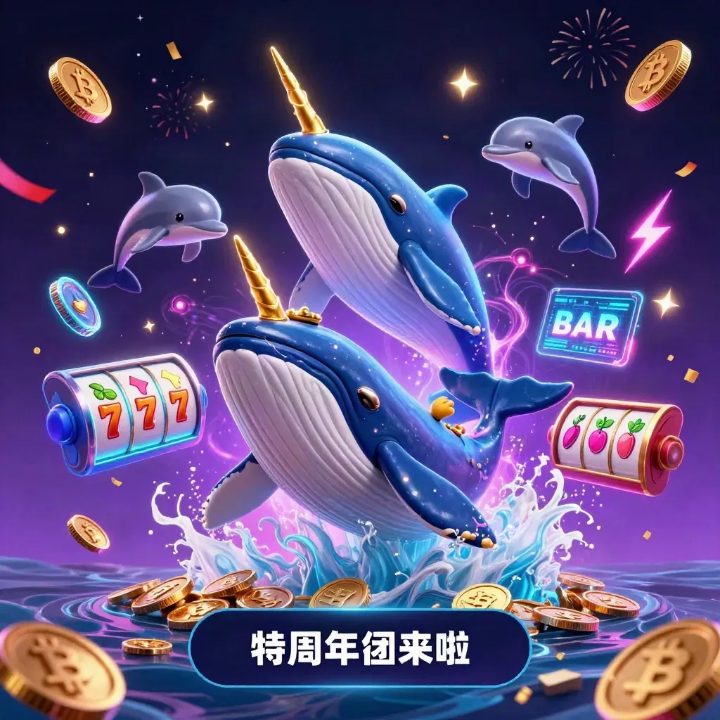 Neon casino-art met walvis, narwal en dolfijnen tussen munten, magie, reels en licht