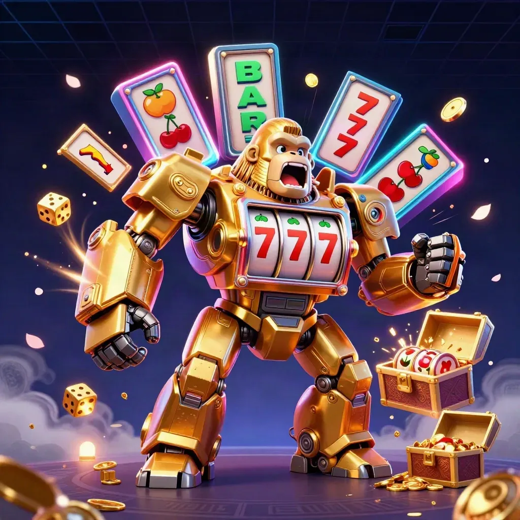 Gouden gorillamecha met reels, jackpot-effecten, munten, fruit en mystieke neonmist.