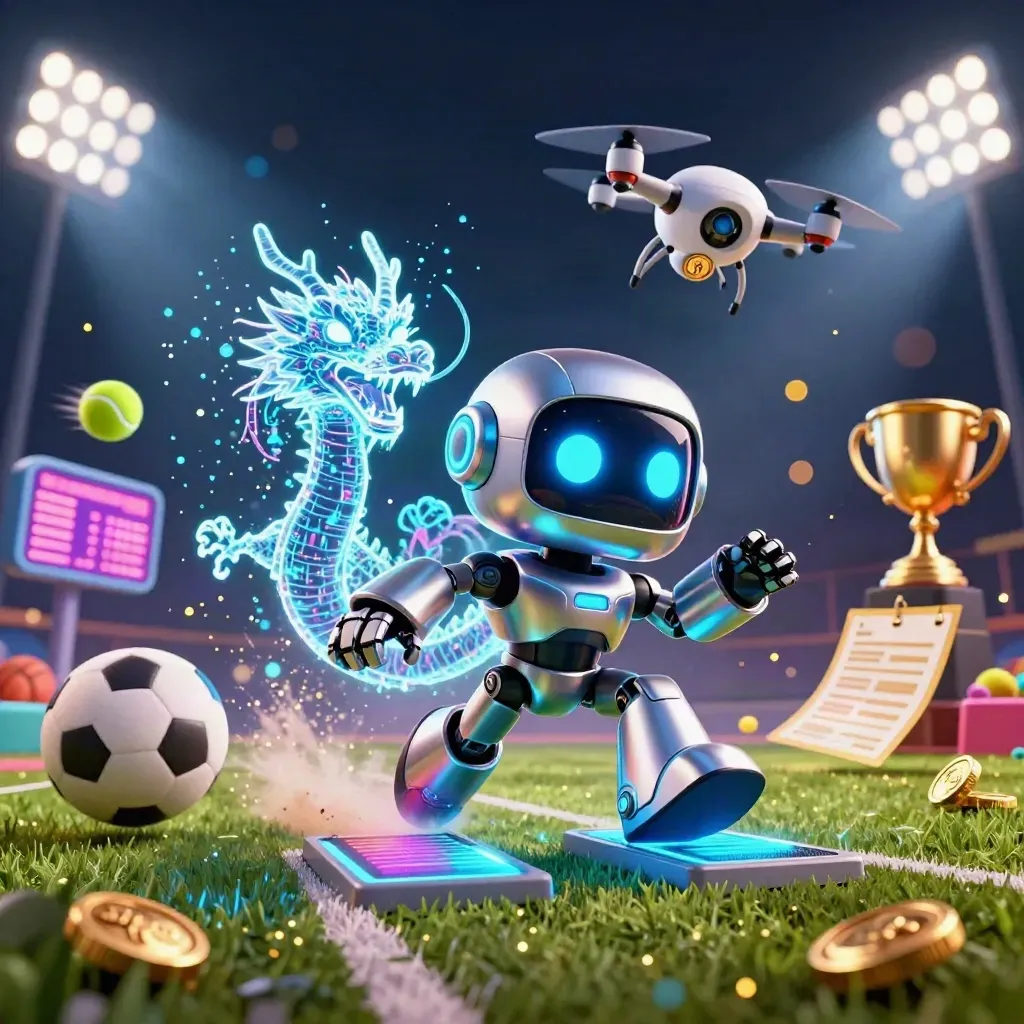 Cyberpunk robot, holografische draak en drone met sportballen in neon casino-stijl.
